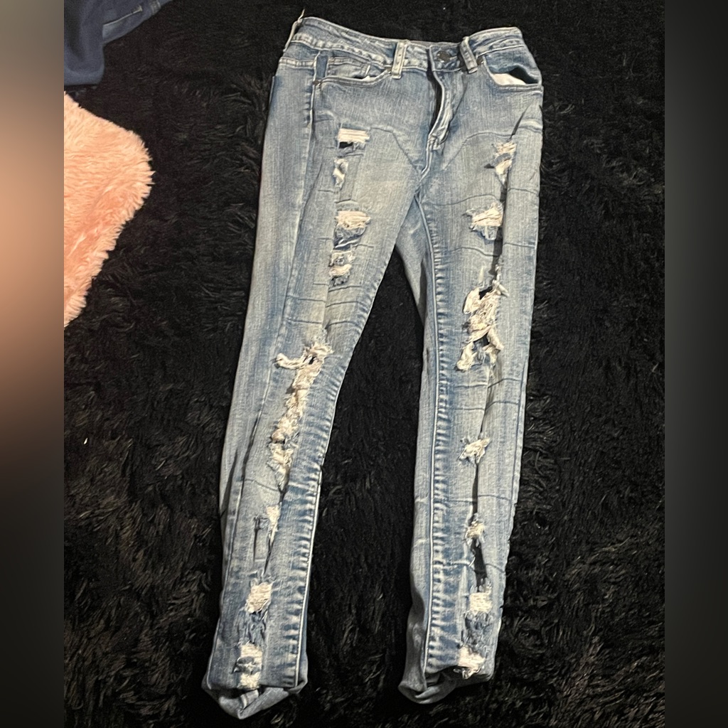 They Are Blue Skinny Jeans They Are Ripped But The Rips Are Filled In